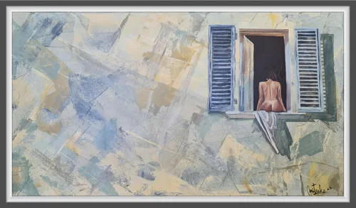 " Mujer en la ventana " Pintura hecha a mano, acrílico sobre lienzo, arte de pared original abstracto, pieza única firmada por la artista,