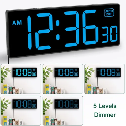 Miniatura 4 de Soobest Reloj de Pared LED Reloj Digital con Segundos, Enchufe Eléctrico en Reloj de Números Grandes 5 Atenuadores Montaje en Pared para Sala