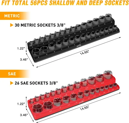 Miniatura 3 de GOOACC Organizador Magnético de Dados de 3/8", 2 Piezas Métrico y SAE Soportes de Dados de 3/8 pulgadas Bandeja Organizadora de Dados Sostiene 56