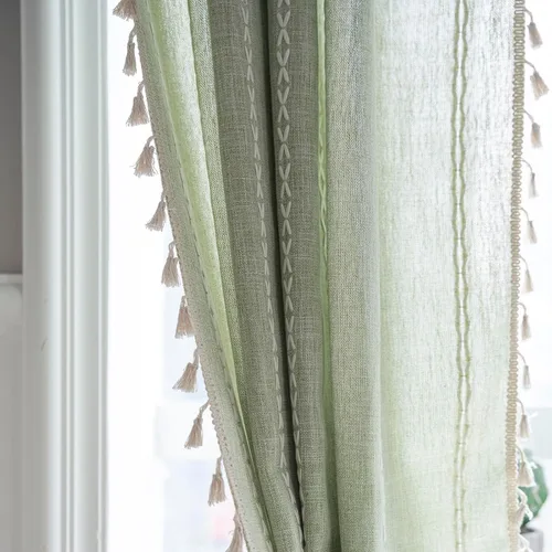 Miniatura 4 de Cortinas Verde Salvia Boho Granja para Dormitorio Sala de Estar 63 Pulgadas de Largo Cortinas 2 Paneles Algodón Lino Cortina de Ventana, Cortina