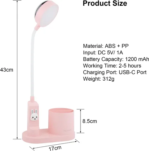 Miniatura 7 de Lámpara LED de escritorio para niños, pequeña y bonita luz de mesa con soporte para bolígrafo, lámpara de cuello de cisne rosa, proyector