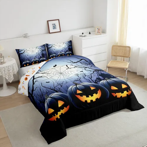 Miniatura 4 de Juego de ropa de cama con diseño de araña fantasma, tamaño individual, para niños y niñas, con temática de truco o trato, juego de edredón de feliz