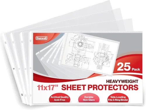 Dunwell Protectores de hojas de 11 x 17 pulgadas (paquete de 25, pesado), fundas de plástico de tamaño mayor de 11 x 17 pulgadas, 3 agujeros