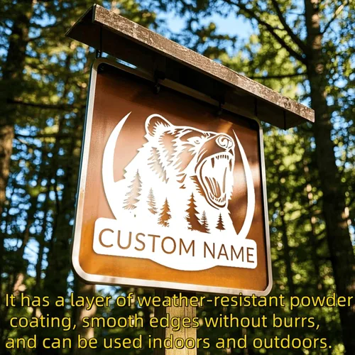 Miniatura 2 de Arte de pared de metal con oso grizzly de bosque, letreros personalizados con nombre de oso rugiente, decoración de pared personalizada de cabaña