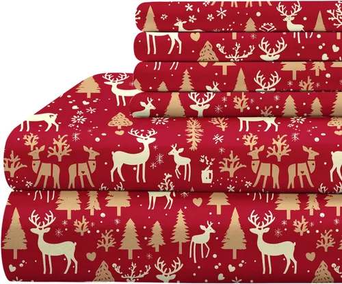 Miniatura 2 de BYSURE Juego de sábanas estampadas de reno y árbol de Navidad, 6 piezas (tamaño King, árbol de Navidad), ropa de cama de microfibra con bolsillo