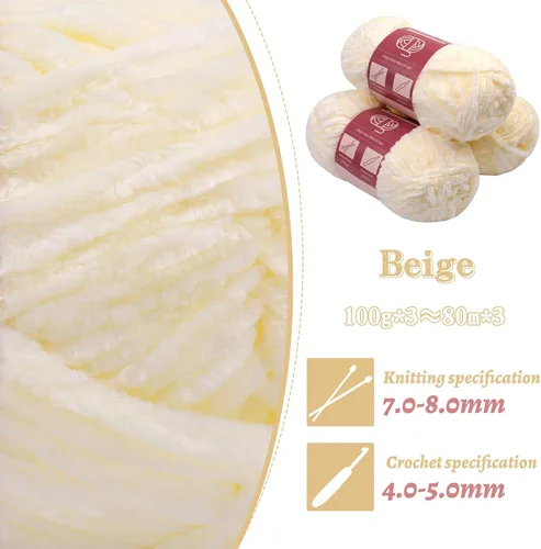Miniatura 3 de LUNARM Hilado de chenilla para tejer y hacer ganchillo, 3 madejas de 240 metros de hilo grueso, suave y voluminoso, para tejer mantas, ropa y Beige