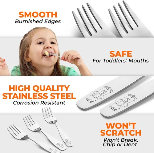 Miniatura 4 de Zulay Kitchen 4 utensilios para niños pequeños, juego de cubiertos de acero inoxidable para niños, tenedores seguros para niños y niños, borde liso