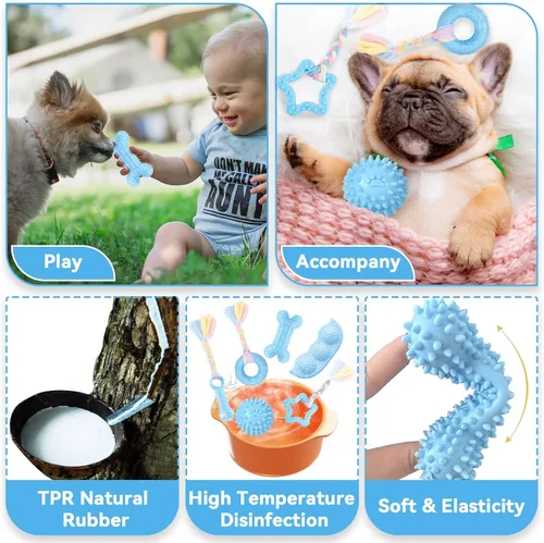 Miniatura 4 de Petcare Paquete de 6 juguetes para masticar para cachorros - Cuerda de goma azul suave y hueso redondo para dentición para perros pequeños