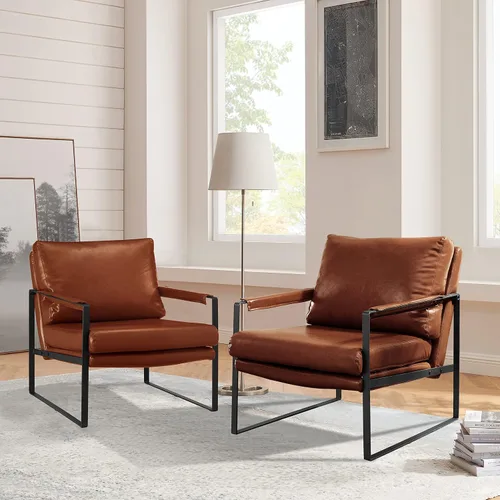 Miniatura 12 de Art Leon Silla de acento moderna de mediados de siglo, de piel sintética, con patas de metal negro, silla lateral única de salón para sala de estar