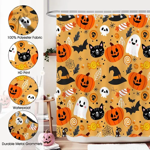 Miniatura 6 de Mocsicka Bonita cortina de ducha de Halloween de 72 x 72 pulgadas, cortina de ducha naranja de dibujos animados de gato y fantasma, cortina de ducha