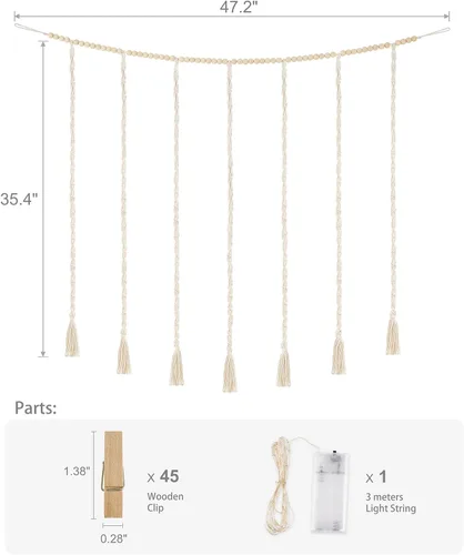Miniatura 6 de Mkono Exhibidor Colgante de Fotos de Macramé Decoración de Pared con Luces de Cadena, Guirnalda de Cuentas de Madera Boho Portamarcos de Tarjetas