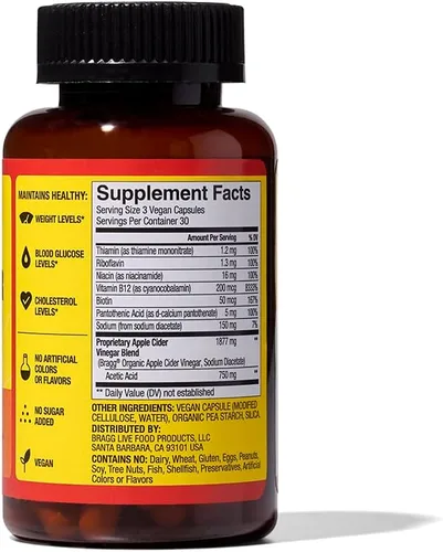 Miniatura 8 de Bragg Energy Cápsulas de vinagre de sidra de manzana con vitaminas B-12, 90 cápsulas, control de peso, sin OMG, vegano, sin gluten, sin azúcar