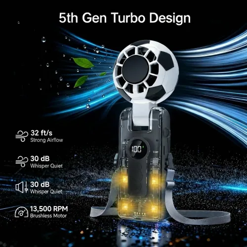 Miniatura 5 de QQT Ventilador turbo portátil de mano con refrigeración por hielo, batería de 5 velocidades recargable plegable, luces LED de 4 modos, hasta 12 Negro
