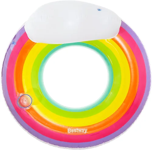 Miniatura 4 de Bestway Anillo de natación grande Flotador inflable de piscina de 42 pulgadas con reposacabezas y soporte para tazas, diseño de arcoíris