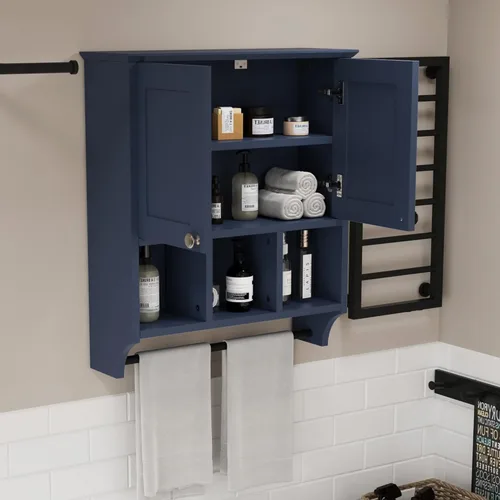 Miniatura 7 de Armario de pared para baño, montado en la pared con toallero y 6 estantes, organizador de almacenamiento sobre el inodoro, botiquín de 2 puertas