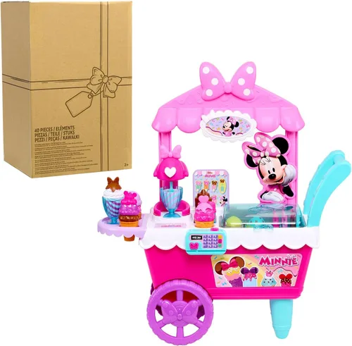 Carrito de helados de Minnie Mouse de Disney Junior Sweets & Treats con sonidos y frases, 40 piezas, juego de simulación, juguetes para niños de 2