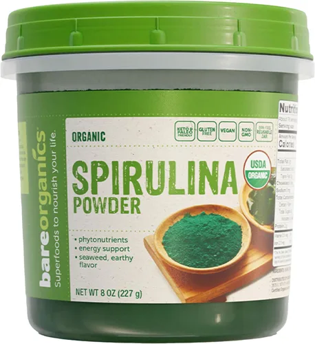 BareOrganics Polvo de espirulina – Superalimento en polvo orgánico – Vegano, sin OMG, sin gluten – Alto en proteínas, rico en antioxidantes para