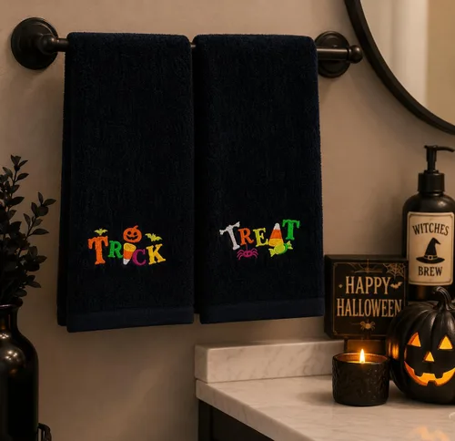 Miniatura 8 de Juego de 2 toallas de mano decorativas de Halloween, toallas de algodón de terciopelo de felpa negra con diseño bordado de truco o trato, toallas