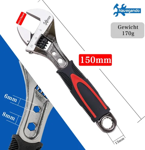 Miniatura 2 de Navegando - Llave ajustable de 6 pulgadas, llave inglesa ajustable para espacios reducidos, acero de alto carbono con agarre antideslizante, se