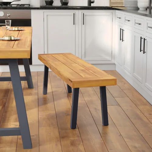 BizChair Banco de madera de acacia maciza, parte superior de listones con acabado natural, patas de madera acampanadas negras, 500 libras. Capacidad