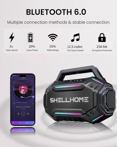 Miniatura 6 de ShellHome Altavoces Bluetooth 6.0 para exterior, altavoz potente de 80 W (máximo) con graves, 30 horas de reproducción, impermeable IPX6, luces RGB