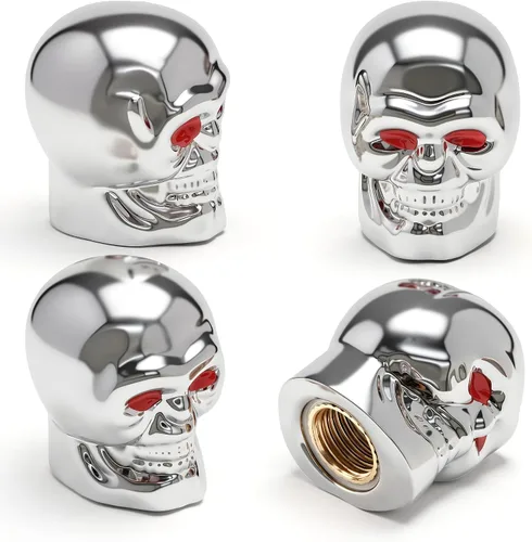 Miniatura 51 de 4 tapones de válvula de neumático estilo calavera, con anillo de goma O, cubiertas universales de vástago de válvula de neumático de núcleo de cobre