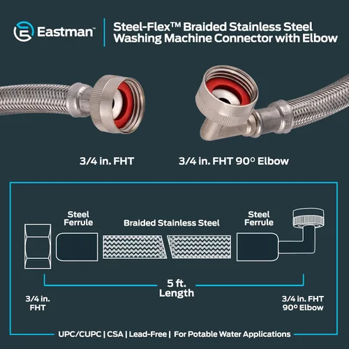 Miniatura 6 de Eastman 48375 - Conector para lavadora, conexión FHT de 3/4 pulgadas, codo de 90 grados, mangueras trenzadas de acero inoxidable de 5 pies, 48375