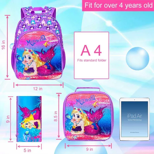 Miniatura 4 de KLFVB 3 mochilas de sirena de unicornio para niñas, bolsa de libros y lonchera de lentejuelas de 16 pulgadas, mochilas preescolares para primaria