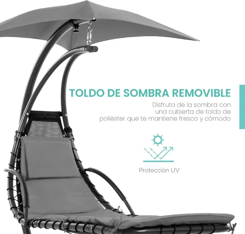Miniatura 4 de Best Choice Products Silla colgante curva de acero para exterior, silla de descanso tipo chaise lounge con cojín integrado y toldo extraíble - Gris