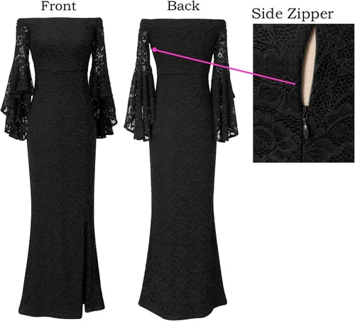 Miniatura 3 de VFSHOW Vestido largo de noche para mujer, con hombros descubiertos y manga acampanada, formal, para bodas y fiesta