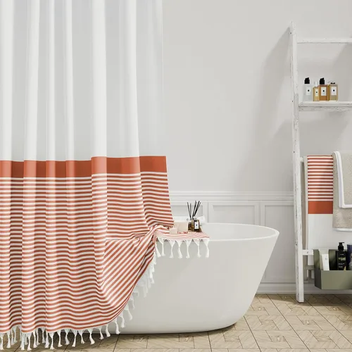 Miniatura 15 de Cortina de ducha Dynamene de tela color beige, cortina de ducha rústica/bohemia a rayas con borlas para baño, juego de cortinas de tela texturizada