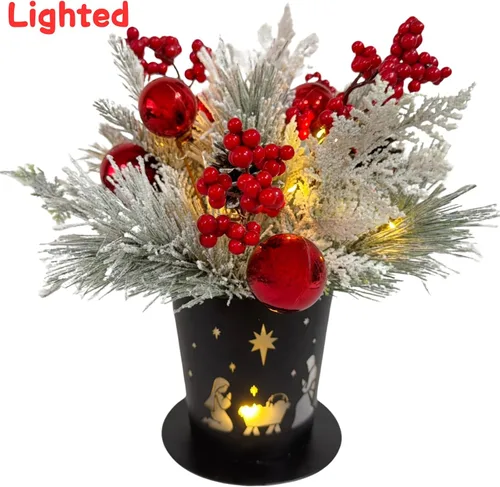 Miniatura 2 de Centro de Mesa Navideño Iluminado en Maceta de Metal con Temporizador, Escena del Nacimiento Navideño en Base de Metal Negro con Ornamento de Piñas