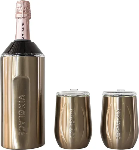 Miniatura 11 de Vinglacé Juego de regalo enfriador de botellas de vino, enfriador de vino portátil de acero inoxidable con 2 copas de vino sin tallo, color negro