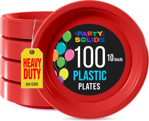 Miniatura 18 de Exquisitos platos de plástico rojo Party Solids para fiesta, platos desechables rojos de 9 pulgadas, juego de vajilla de plástico resistente, 100