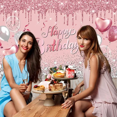 Miniatura 6 de Avezano Telón de fondo de cumpleaños de oro rosa con globos de purpurina rosa y plateado - Cartel para sesión de fotos de cumpleaños de 16, 18, 21