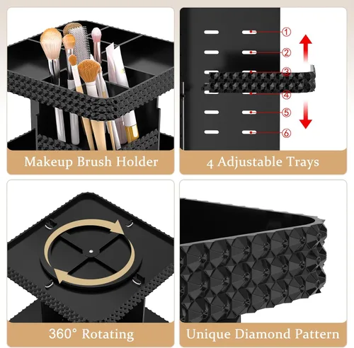 Miniatura 5 de Organizador de maquillaje giratorio con soporte para brochas de maquillaje, organizador de perfumes de gran capacidad para encimera de tocador, Negro
