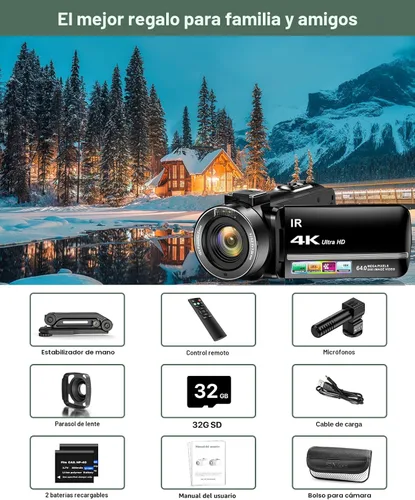 Miniatura 8 de Videocámara 4K 64MP para vlogging, cámara para YouTube, pantalla táctil de 3.0", zoom digital de 18 aumentos, visión nocturna IR con micrófono