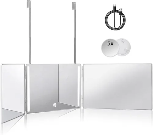 Miniatura 8 de HIEEY Espejo de 3 vías para corte de cabello con LED, espejo triple de 360 grados con ganchos telescópicos ajustables en altura y aumento de 5X