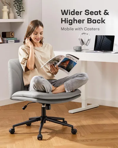 Miniatura 3 de Marsail Silla de escritorio sin brazos con ruedas: Silla amplia de cuero sintético con piernas cruzadas, silla giratoria ajustable y cómoda