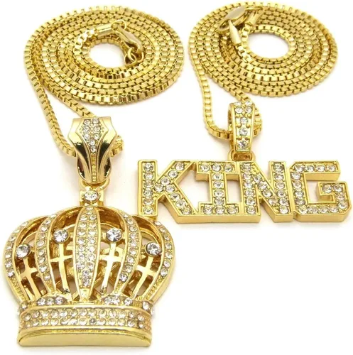 Miniatura 3 de Bright Jewelers USA - Juego de 2 collares para hombre, corona de rey negro y oro, diseño de hip hop