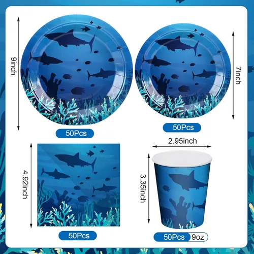 Miniatura 3 de Marsui Juego de 200 piezas de vajilla de tiburón para fiesta de cumpleaños, diseño de tiburón, platos impresos, servilletas, tazas, decoraciones