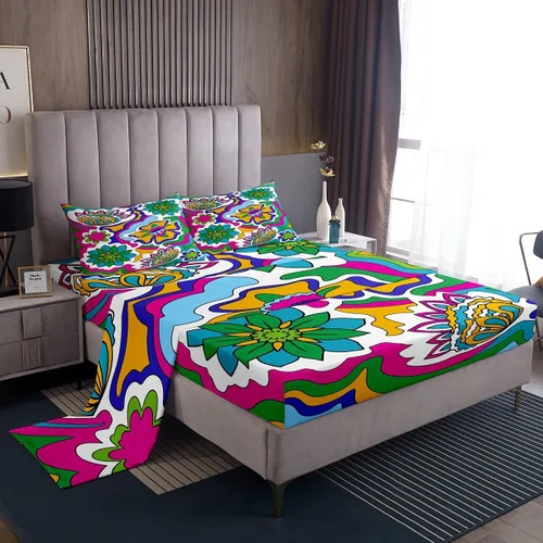 Miniatura 9 de Juego de sábanas para niñas, tamaño individual, diseño floral bohemio de los años 60 y 70 años, diseño hippie kawaii, decoración de habitación