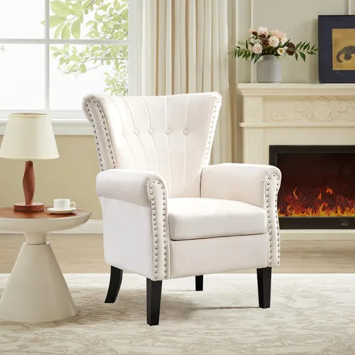 Silla decorativa de terciopelo, sillón individual moderno de mediados de siglo, silla de lectura con respaldo alto con decoración remachada, sillas