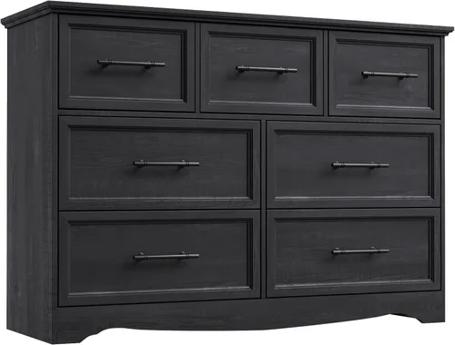 Miniatura 20 de YANSNWO Cómoda de Granja Negra para Dormitorio, Moderna Cómoda de 6 Cajones, Cómoda Alta de 44" con Manijas de Metal Cepillado, Organizadores