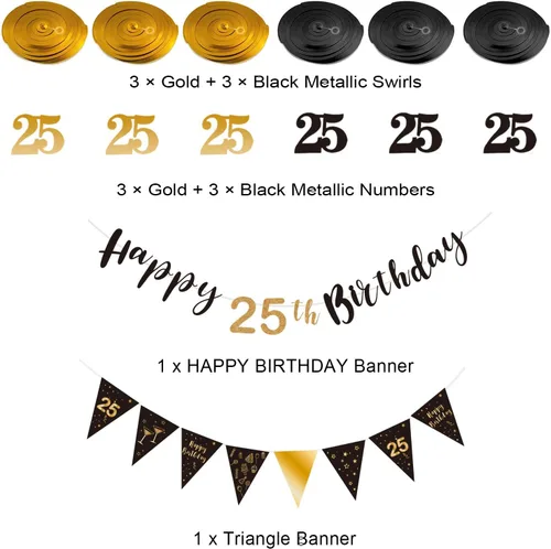 Miniatura 2 de BRT Bearingshui Kit de decoración de cumpleaños de 25 años para hombres y mujeres, pancarta de feliz cumpleaños 25, serpentinas de remolinos