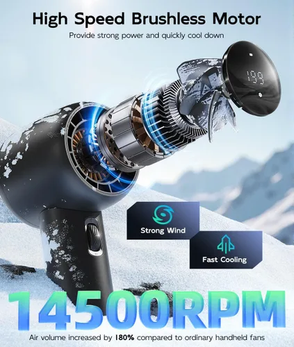 Miniatura 3 de Ventilador portátil recargable – Ventiladores de mano turbo de alta velocidad de 15000 RPM con pantalla digital – Ventilador USB alimentado por