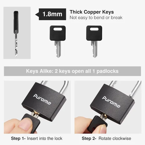 Miniatura 2 de Puroma Candado con llave, 1 paquete de cerraduras de aluminio con 2 llaves iguales, cerradura de casillero de 7/8 pulgadas, candados pequeños