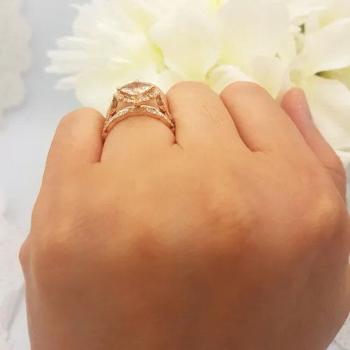 Miniatura 6 de Dazzlingrock Collection Anillo de compromiso de 14 quilates con piedras preciosas acolchadas y diamantes redondos para mujer, oro rosa
