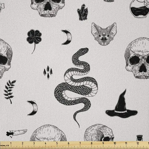 Miniatura 29 de Ambesonne The Yard, tela de calavera colorida con temática de Halloween, diseño de calavera y huesos cruzados, divertido estampado de dibujos