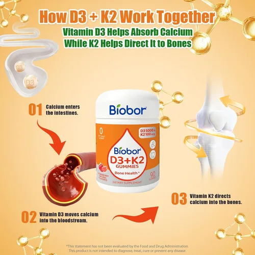 Miniatura 4 de Biobor Gomitas naturales de vitamina D3 K2, 5000 UI de vitamina D3 y 100 mcg de vitamina K2 (MK-7), apoya los huesos saludables, suplemento de salud